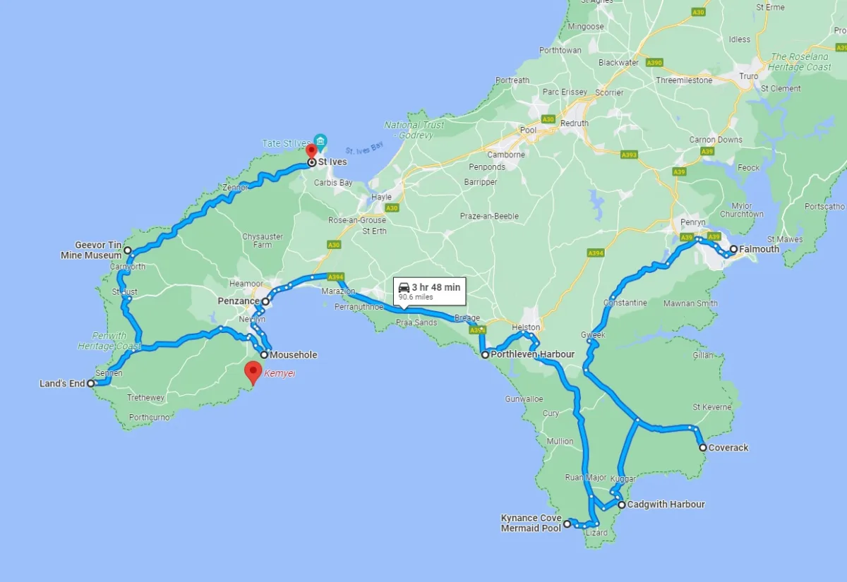 google maps screenshot with route of a one week in cornwall road trip 