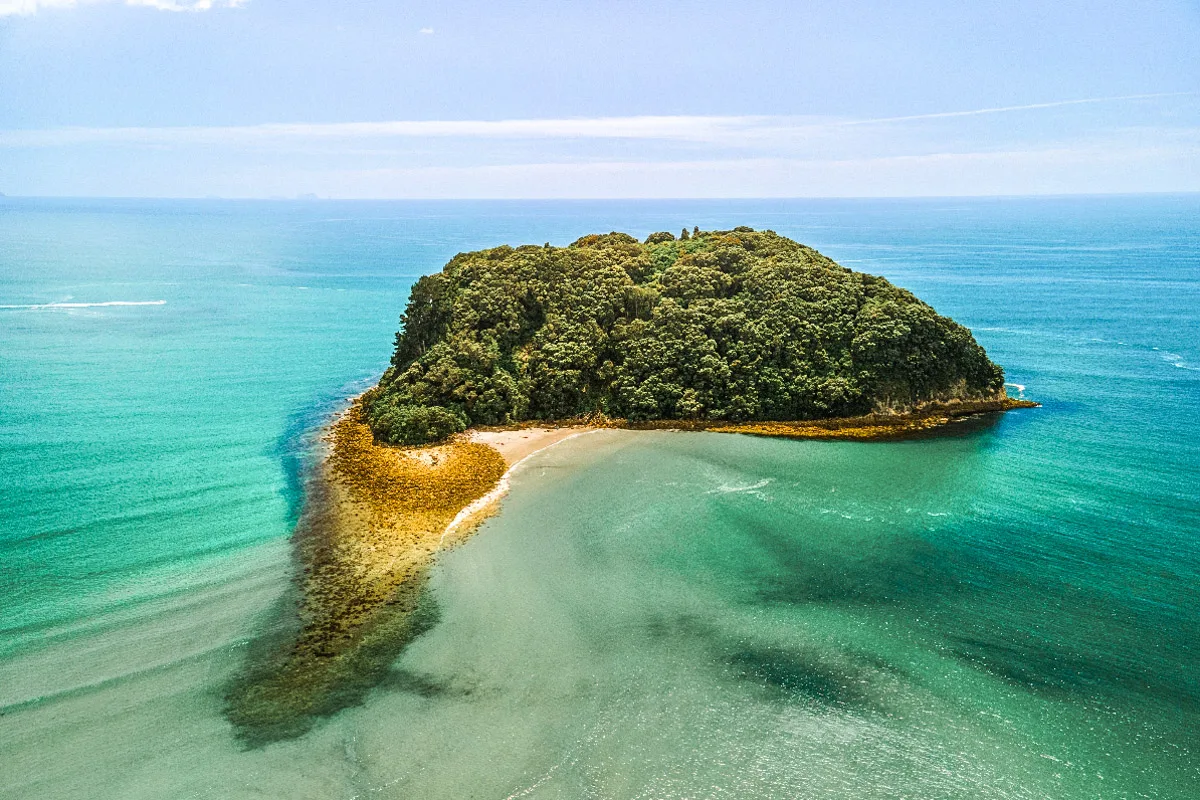 stunning drone shot of whenuakura island in north island new zealand.
