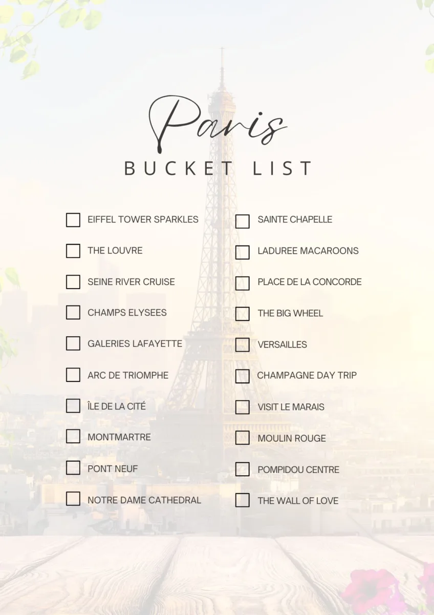 paris bucket list with lots of different items to do in paris