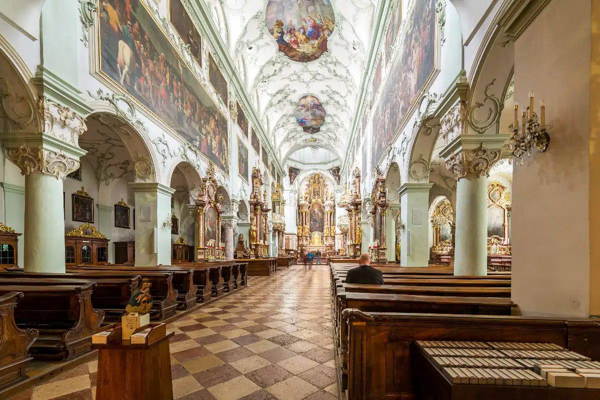 picture of stunning st peter's abbey from the inside with frescoes and baroque architecture 