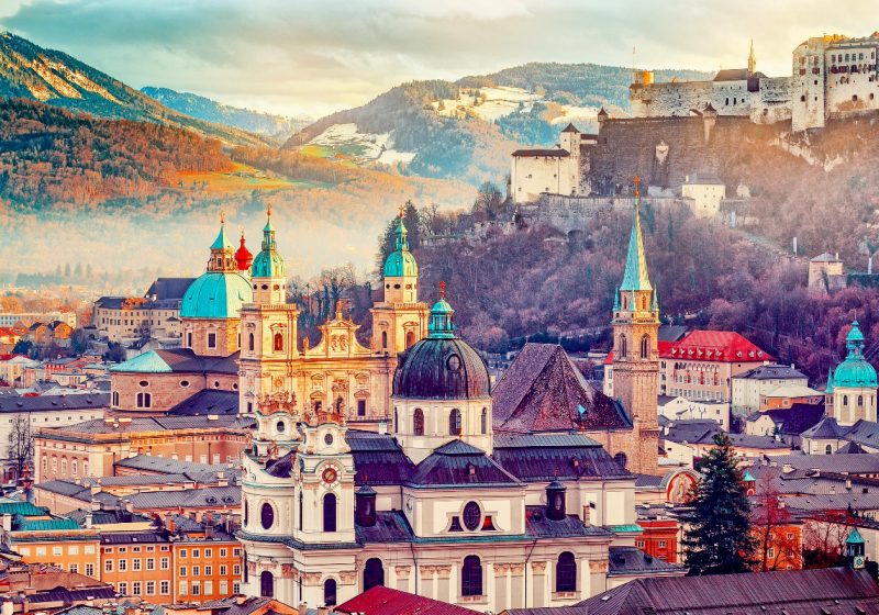 salzburg old town drone shot