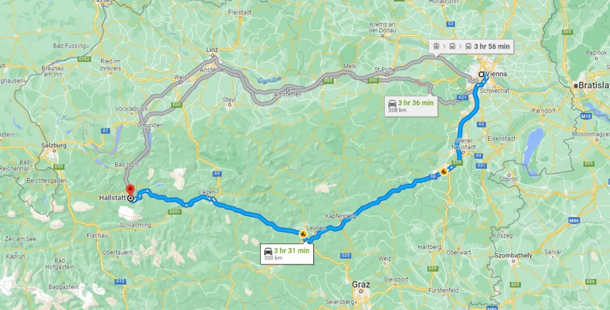 Possible Routes from Vienna to Hallstatt by car on a map