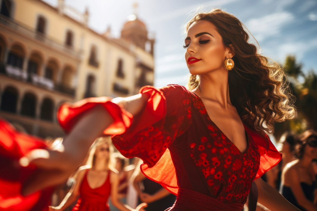 stunning flamenco dancer in a red dress performing