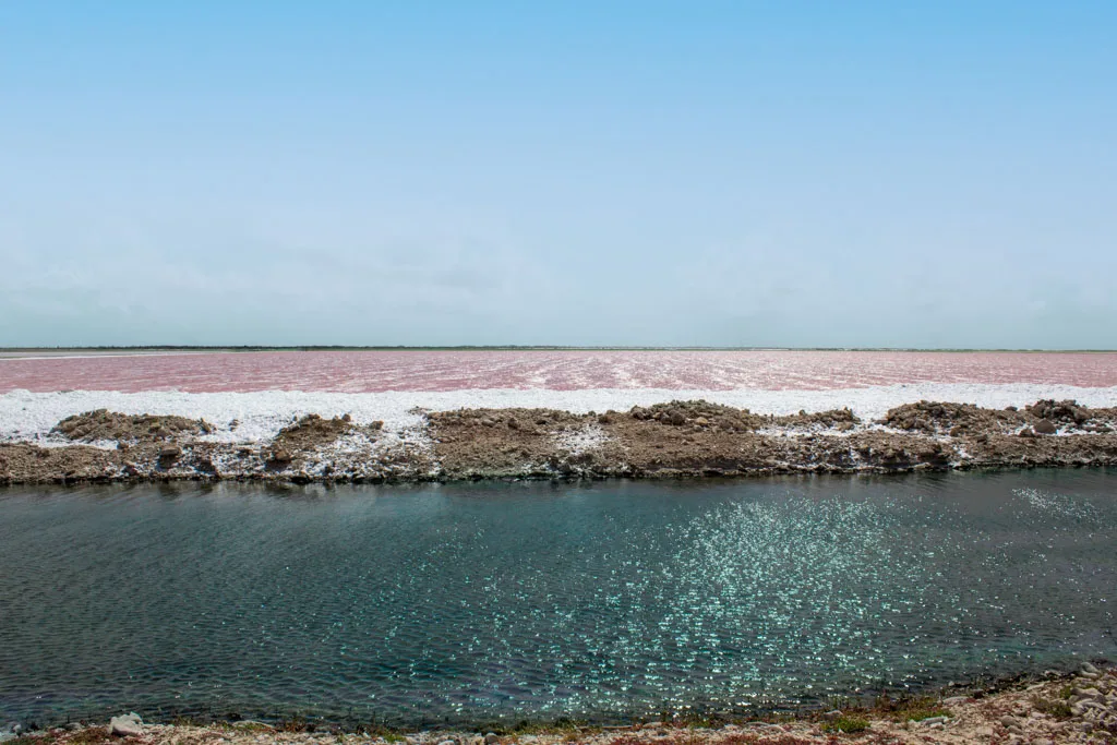 A salt lake with striking pink hues bordered by white salt deposits, contrasting with the clear blue water in the foreground under a sunny sky.
