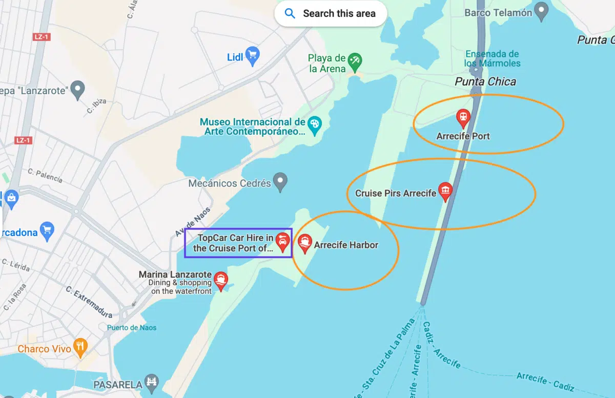 overview of lanzarote cruise port on google maps marked