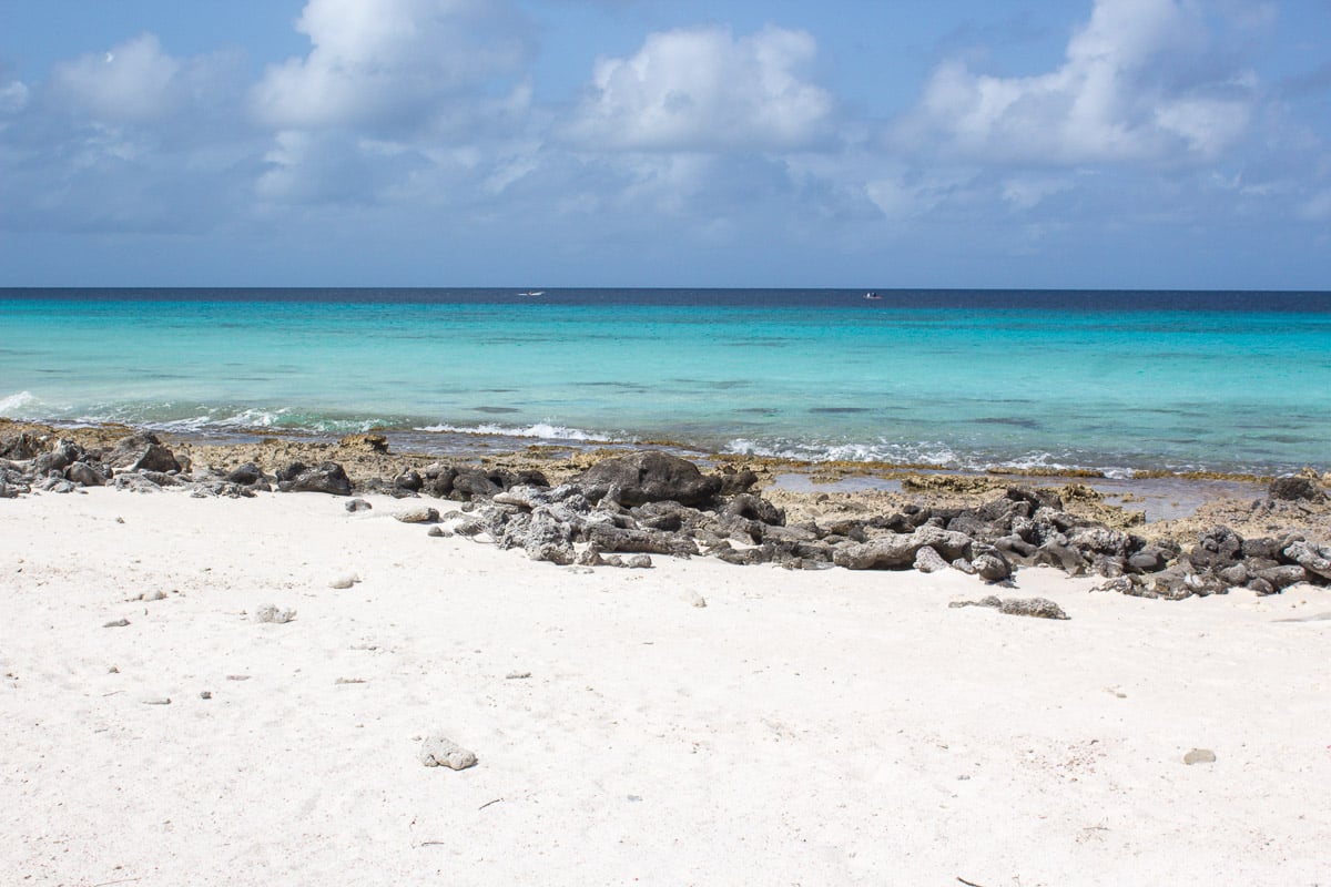 A serene Bonaire beach with coral rubble, the clear waters blending into the horizon under a bright sky, inviting a sense of calm and solitude.