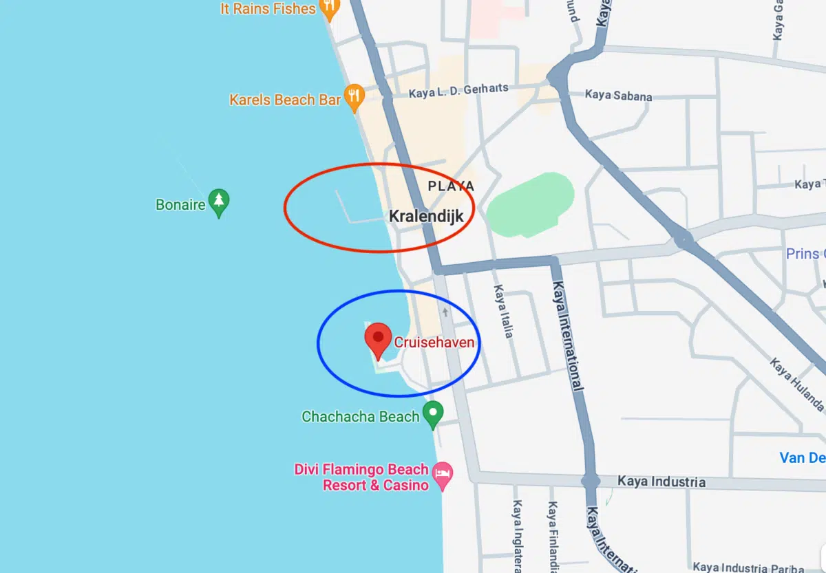 google map screenshot of the bonaire cruise port with markings of the northern pier and the southern pier