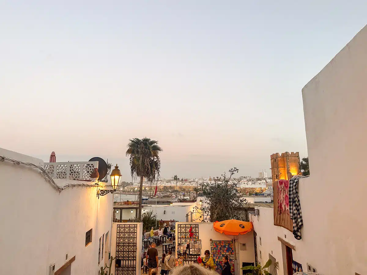 Kasbah of the Udayas in rabat at sunset with lots of shops