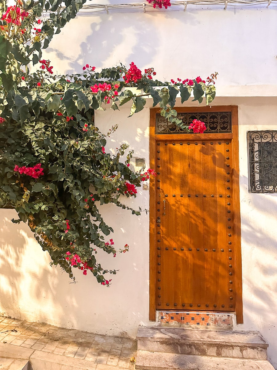 cute wooden door on white house with colorful flowers