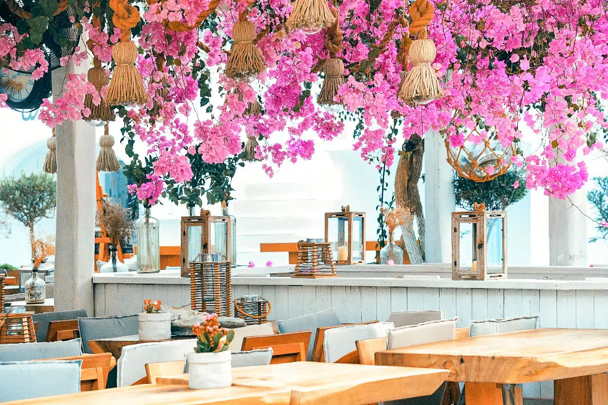 A charming outdoor dining setting with wooden tables and chairs. Overhead, lush pink bougainvillea blooms cascade down, adding a pop of color. The scene is completed with rustic lanterns and a soft, serene sky in the background.