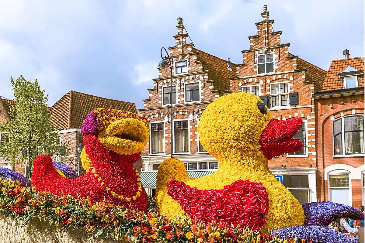 Vibrant floral sculpture of a duck, adorned with yellow, red, and purple flowers, set against traditional Dutch gabled houses under a clear blue sky, showcasing the festive spirit of spring in the Netherlands.