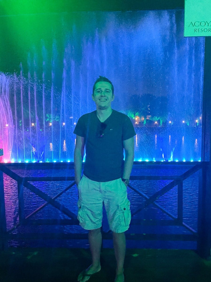 the author enjoying the fountain show in the acoya hotel 