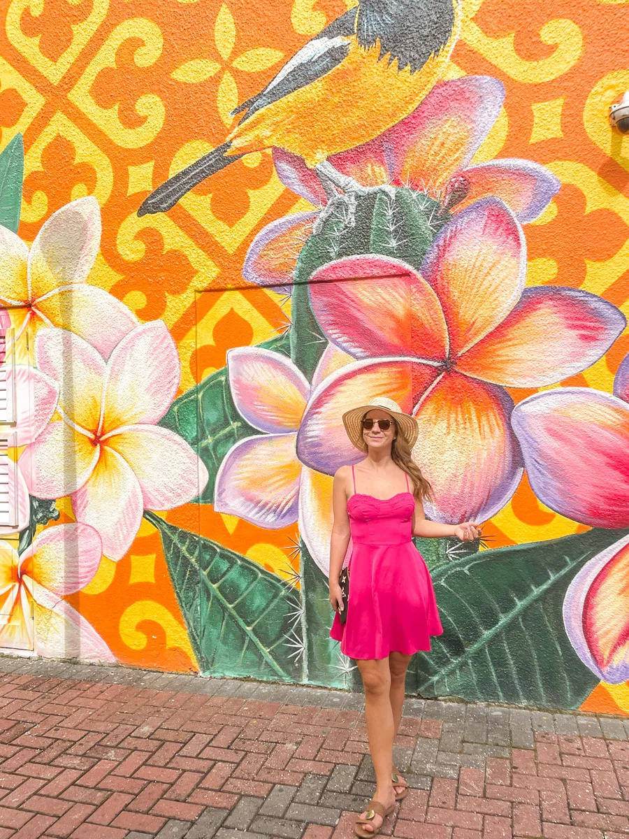 The author in a bright pink dress stands against a vibrant mural of tropical flowers in Curaçao, reflecting the island's colorful culture and artistic flair.