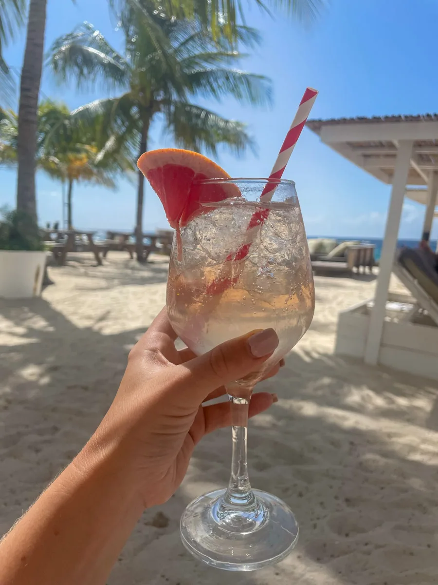 A sun-kissed hand holds a sparkling cocktail against a backdrop of Curaçao's palm trees and blue skies, suggesting a moment of leisure and tropical tranquility.
