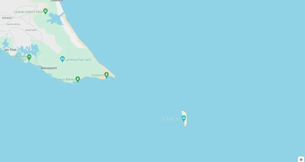 map showing the location of the island klein curacao with distance to curacao island