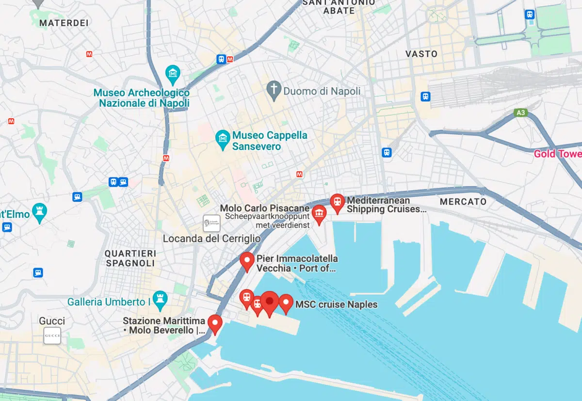 map showing the cruise terminal in naples next to the city center