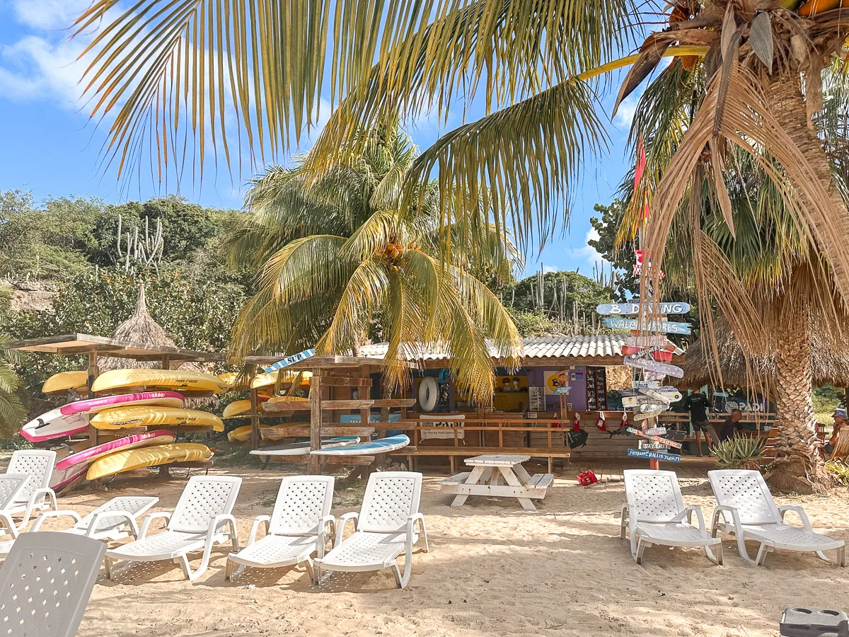 A vibrant beach scene at Cas Abao with a surf shop displaying colorful kayaks and paddleboards, shaded by palm trees with a view of the white sandy beach and crystal waters in the background.