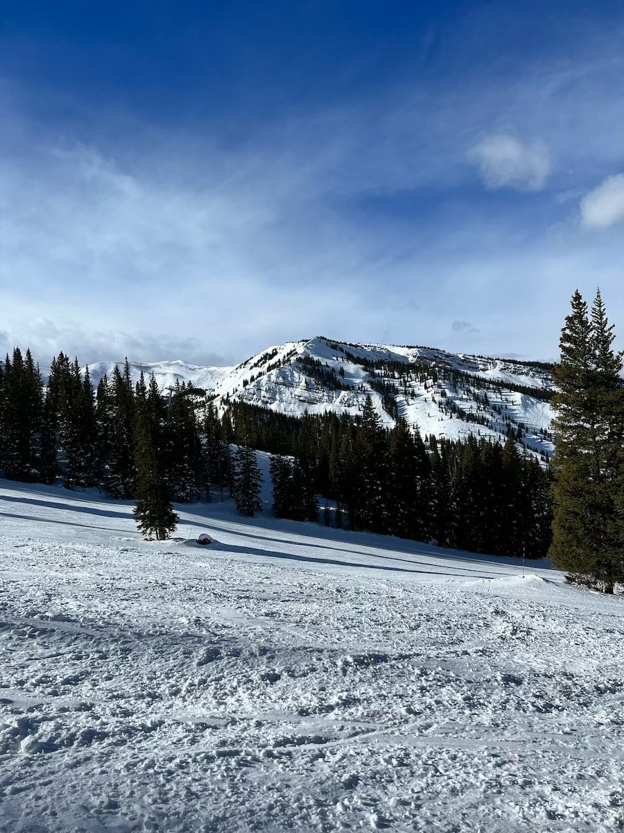 A wide shot of Aspen's ski slopes with a clear view of the trails and pine trees under a brilliant blue sky.