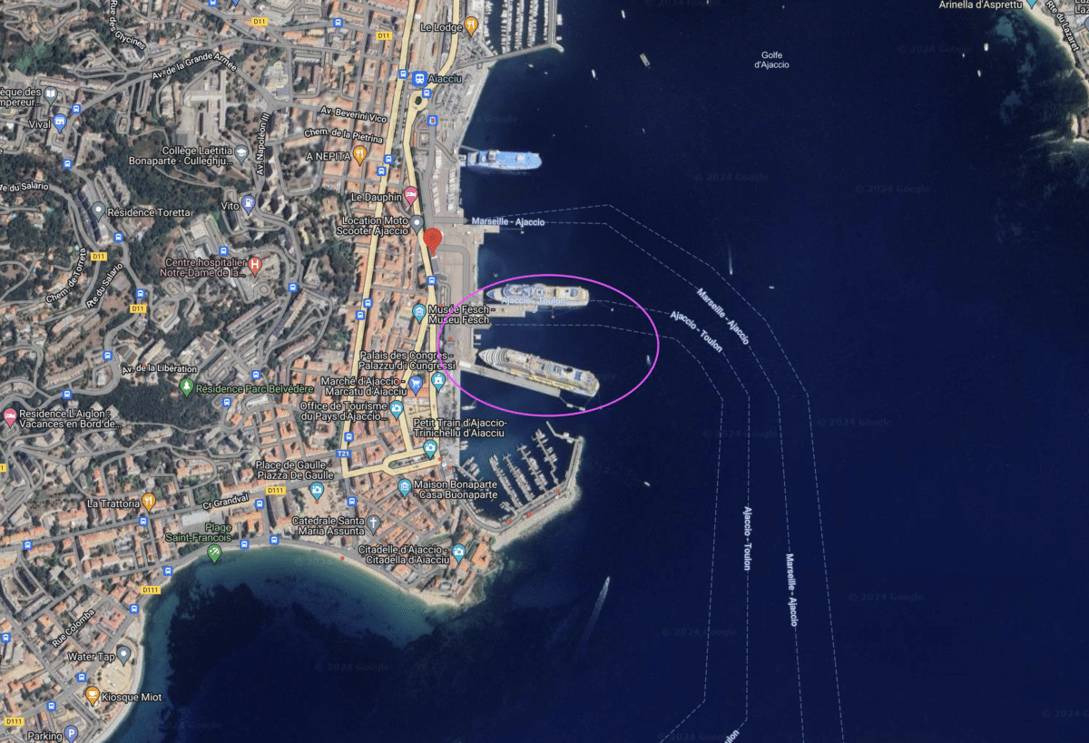 satellite shot of the ajaccio cruise port with a couple of bigger cruise ships in town