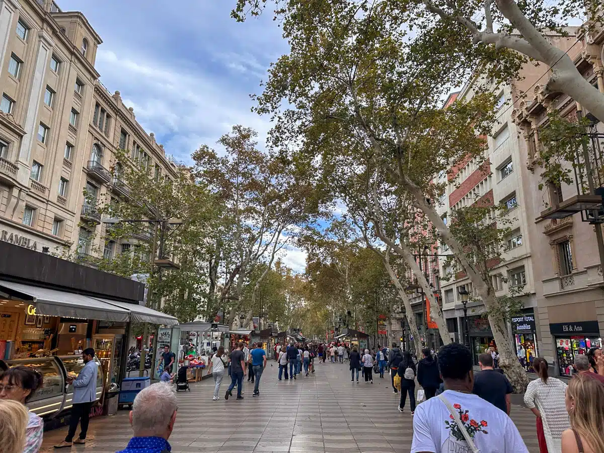 A bustling view of Las Ramblas, Barcelona's famous street, lined with trees and diverse street vendors, filled with locals and tourists alike.