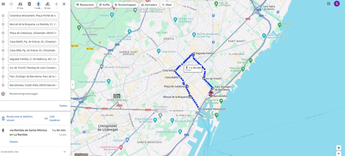 Barcelona walking tour from the cruise ship map