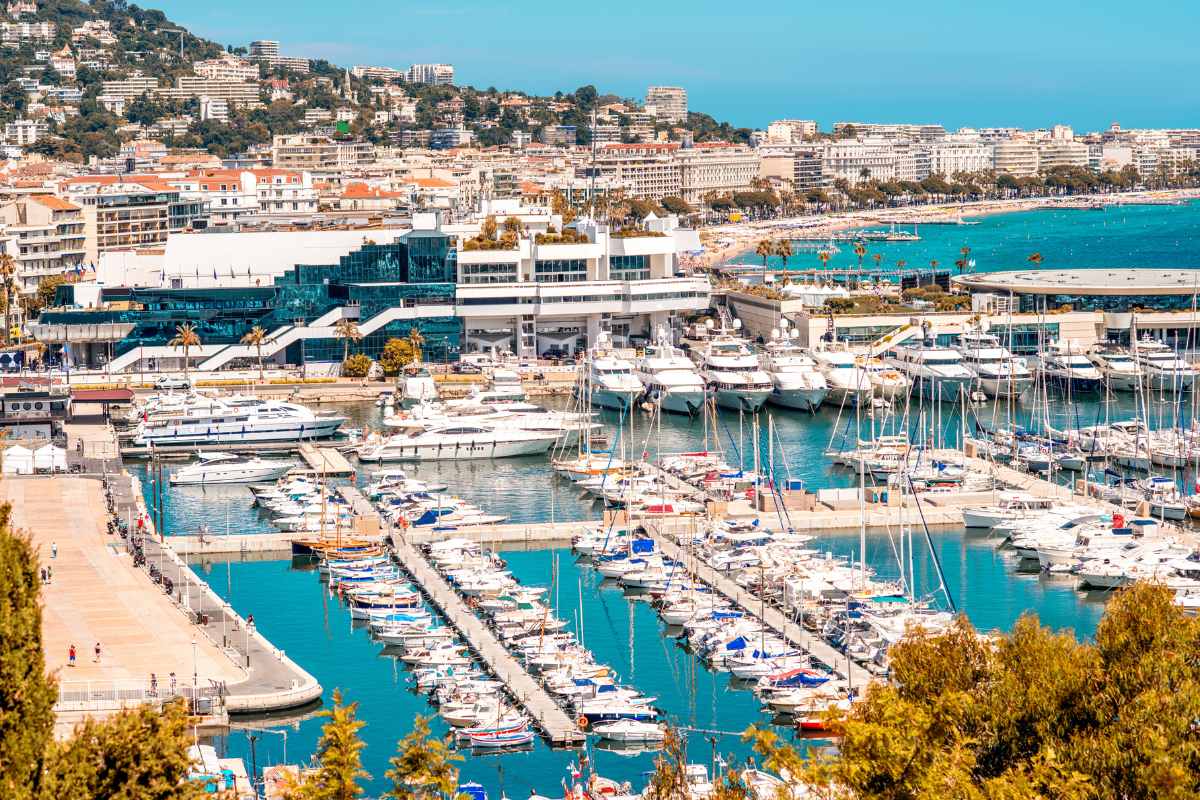 A bustling marina in Cannes, showcasing rows of moored yachts, with the Palais des Festivals et des Congrès in the backdrop and the cityscape extending into the hills.