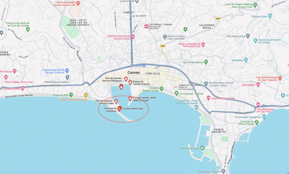 map showing the location of the cannes cruise port and where tender boats dock