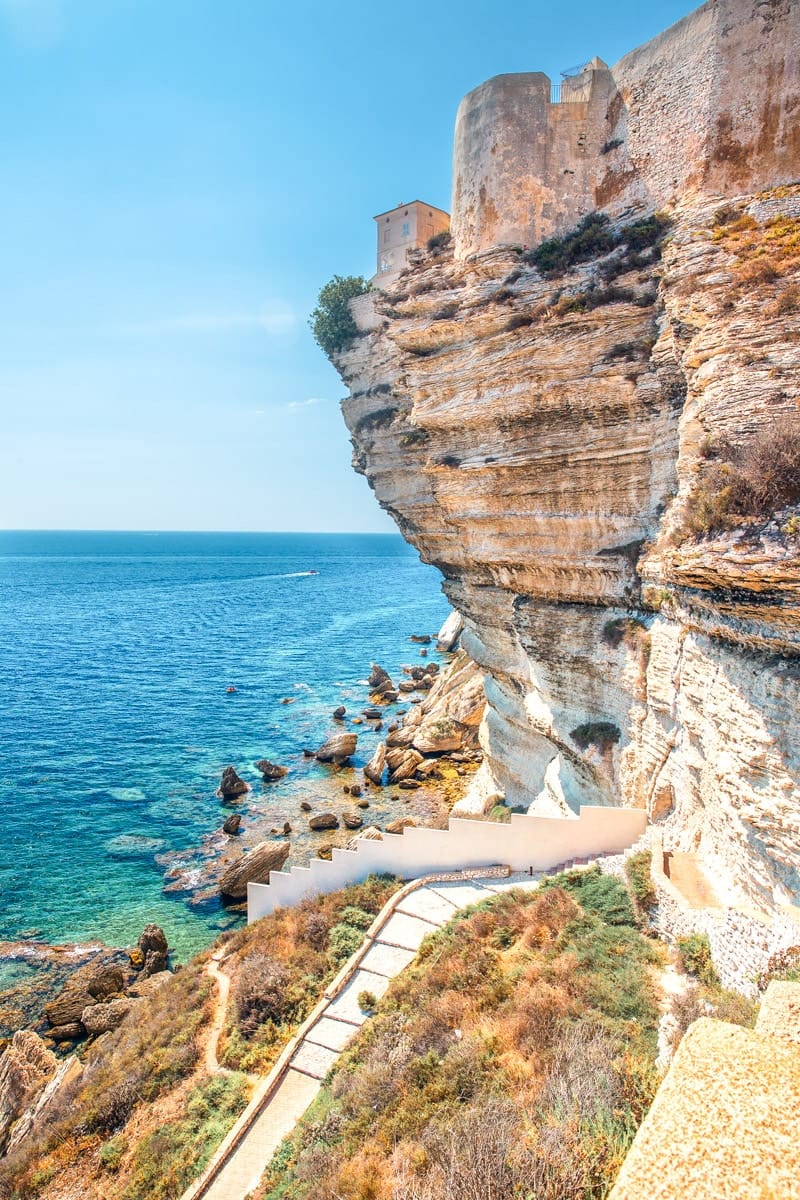White rock cliff with sea bay near Bonifacio town, Corsica, France, Europe.