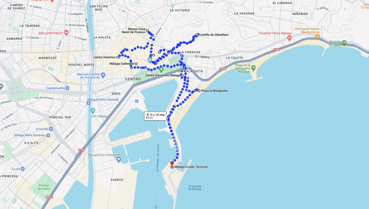 1 day in malaga walking tour map