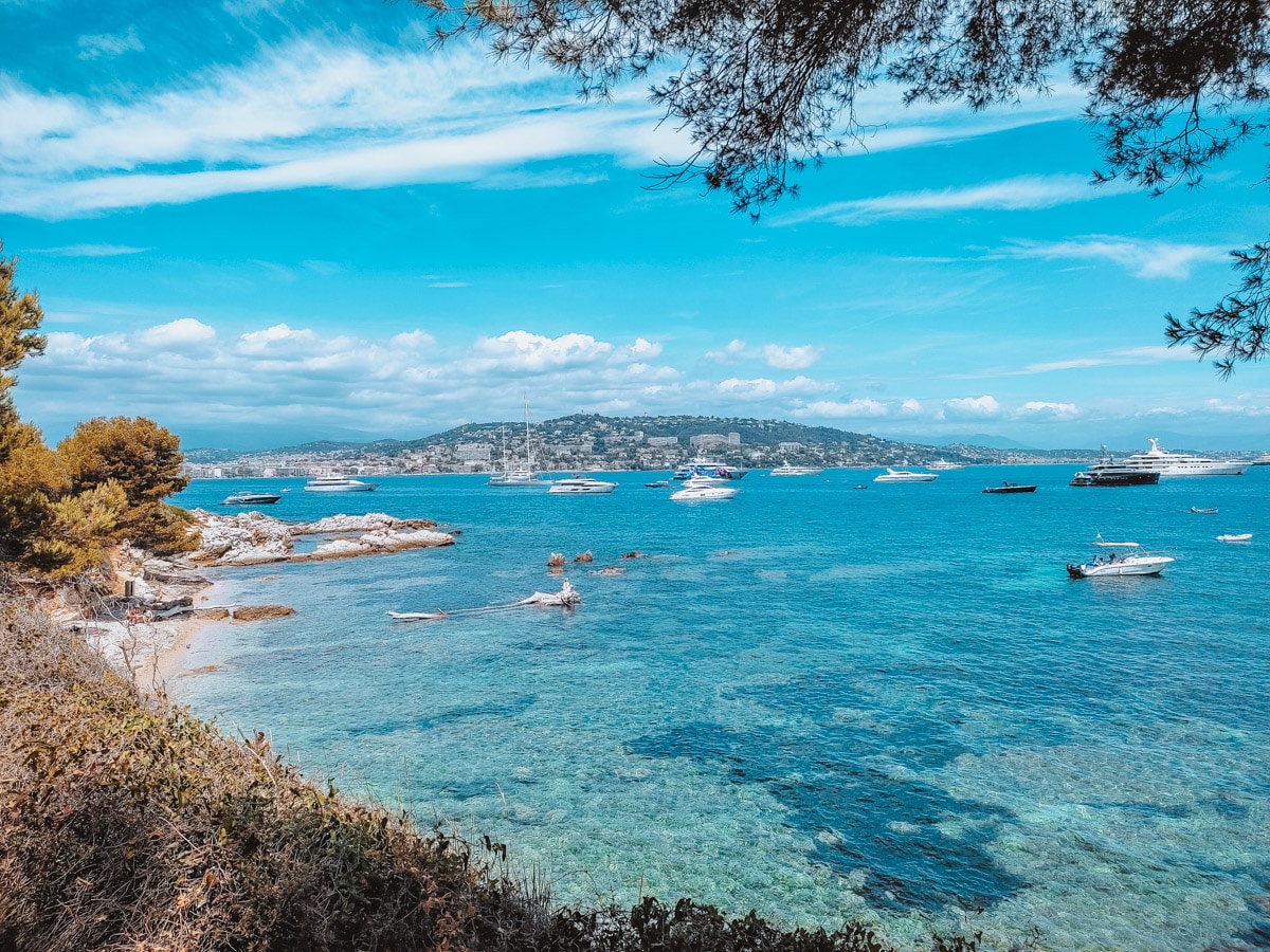 A serene view of the azure waters of the Mediterranean Sea from the rocky shores of Cannes, with luxury yachts and boats scattered across the horizon.