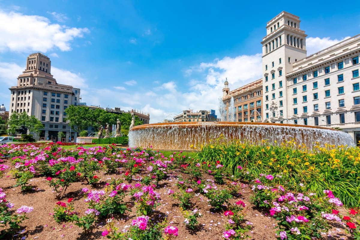 beautiful fountain with small flowers in front at the placa de catalunya in barcelona