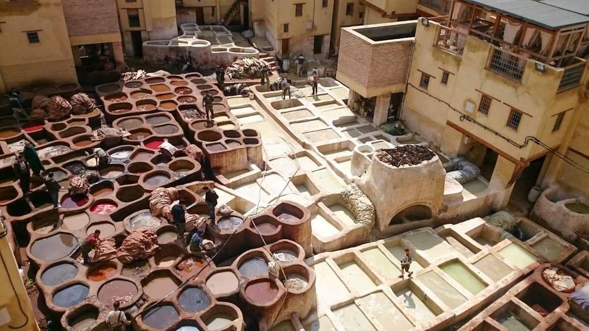 The Chouara Tannery in Fes, showing workers busy dyeing leather in stone vessels, surrounded by the earthy tones of the tannery buildings, a snapshot of traditional Moroccan craftsmanship