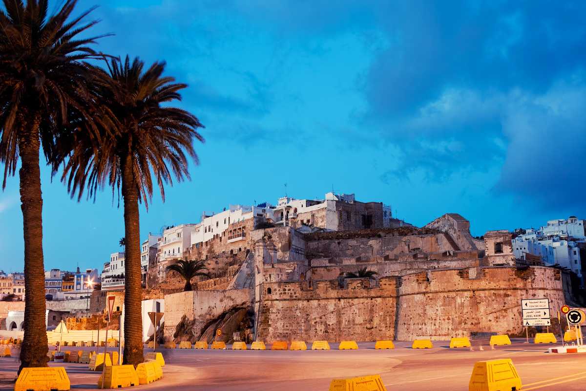 Twilight view of Tangier, with palm trees silhouetted against the glowing blue sky and the ancient Kasbah walls and buildings perched on the hill overlooking the city