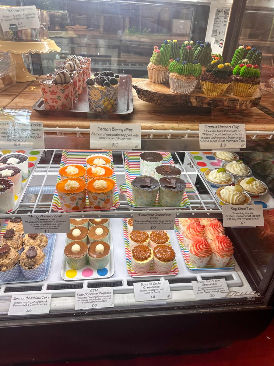 A display case filled with a variety of colorful and creative cupcakes, including cactus-shaped desserts, in a Sedona bakery.