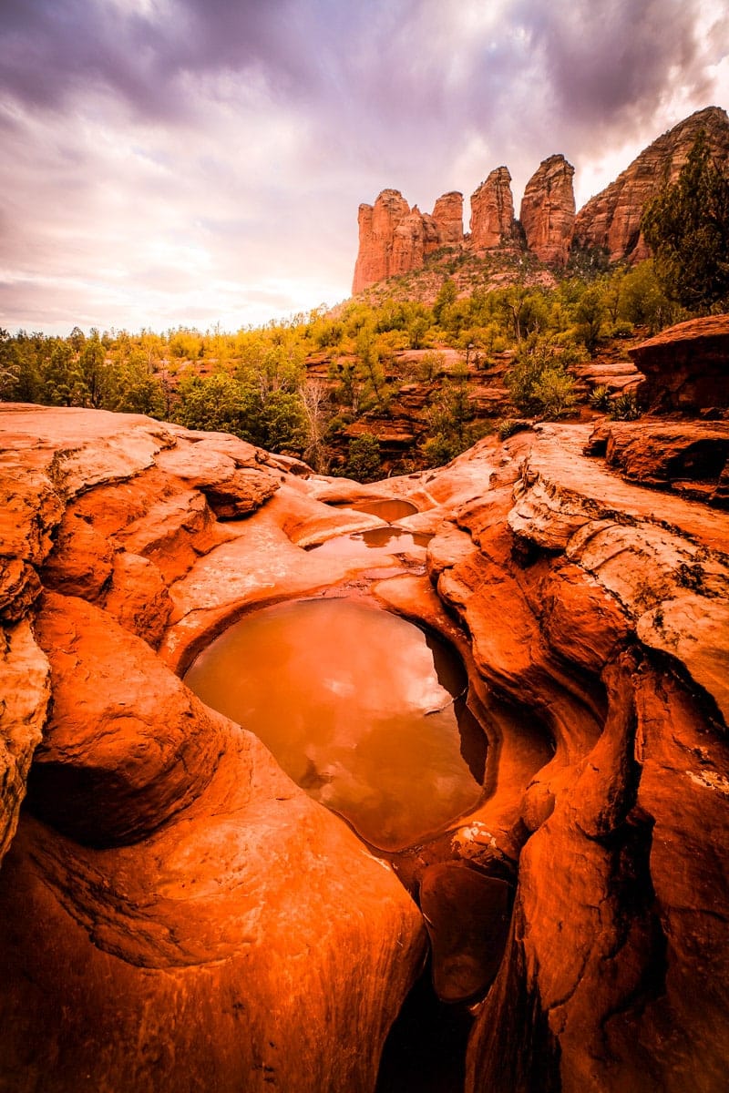 A vertical shot of the Seven Sacred Pools and the Soldier Pass Trail in Sedona, Arizona