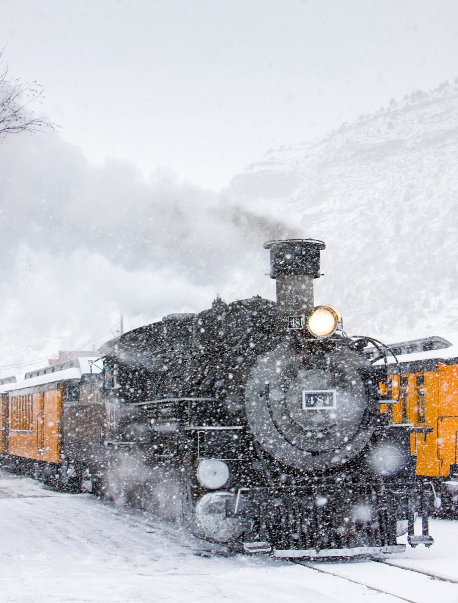the historic durango railraod in snow on a snowy winter day