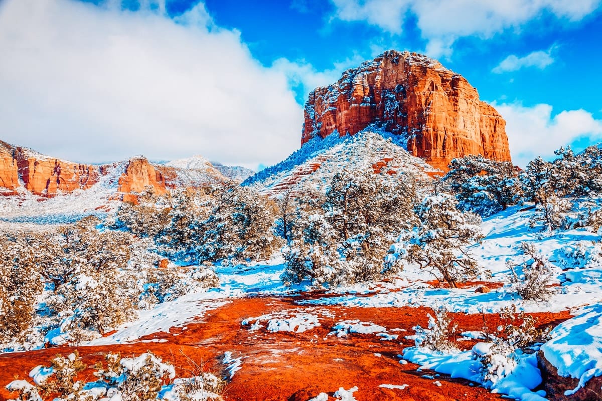 courthouse butte in sedona covered in snow