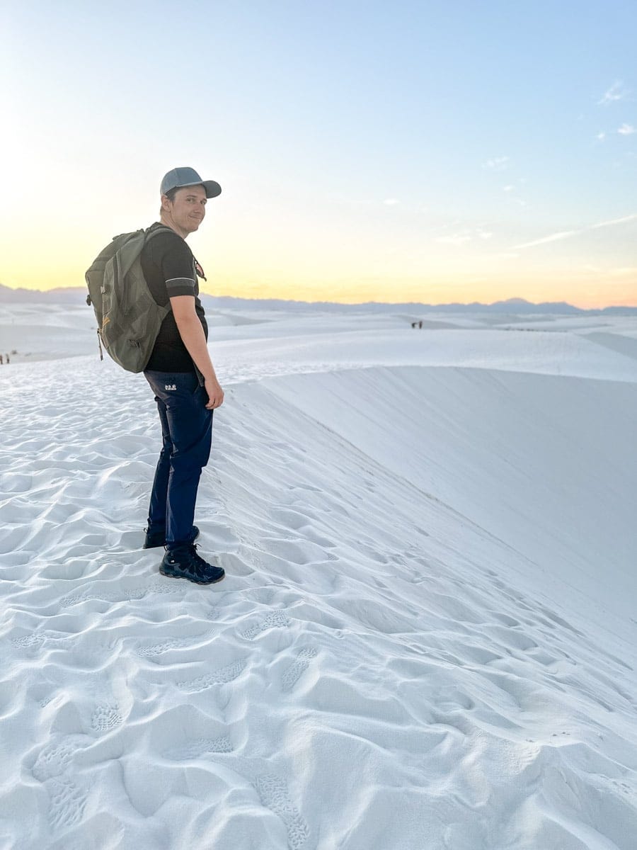 the author posing on the alkali flat trail in the white sands national park