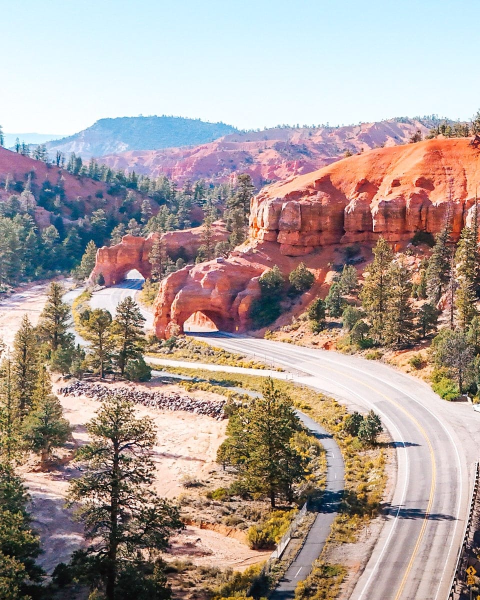 A winding scenic road cuts through vibrant red rock formations at Red Canyon near Bryce Canyon, Utah, with two natural tunnels carved into the stone. The landscape features towering pine trees, rugged cliffs, and warm morning sunlight casting soft shadows on the pavement, highlighting the epic beauty of the American Southwest.