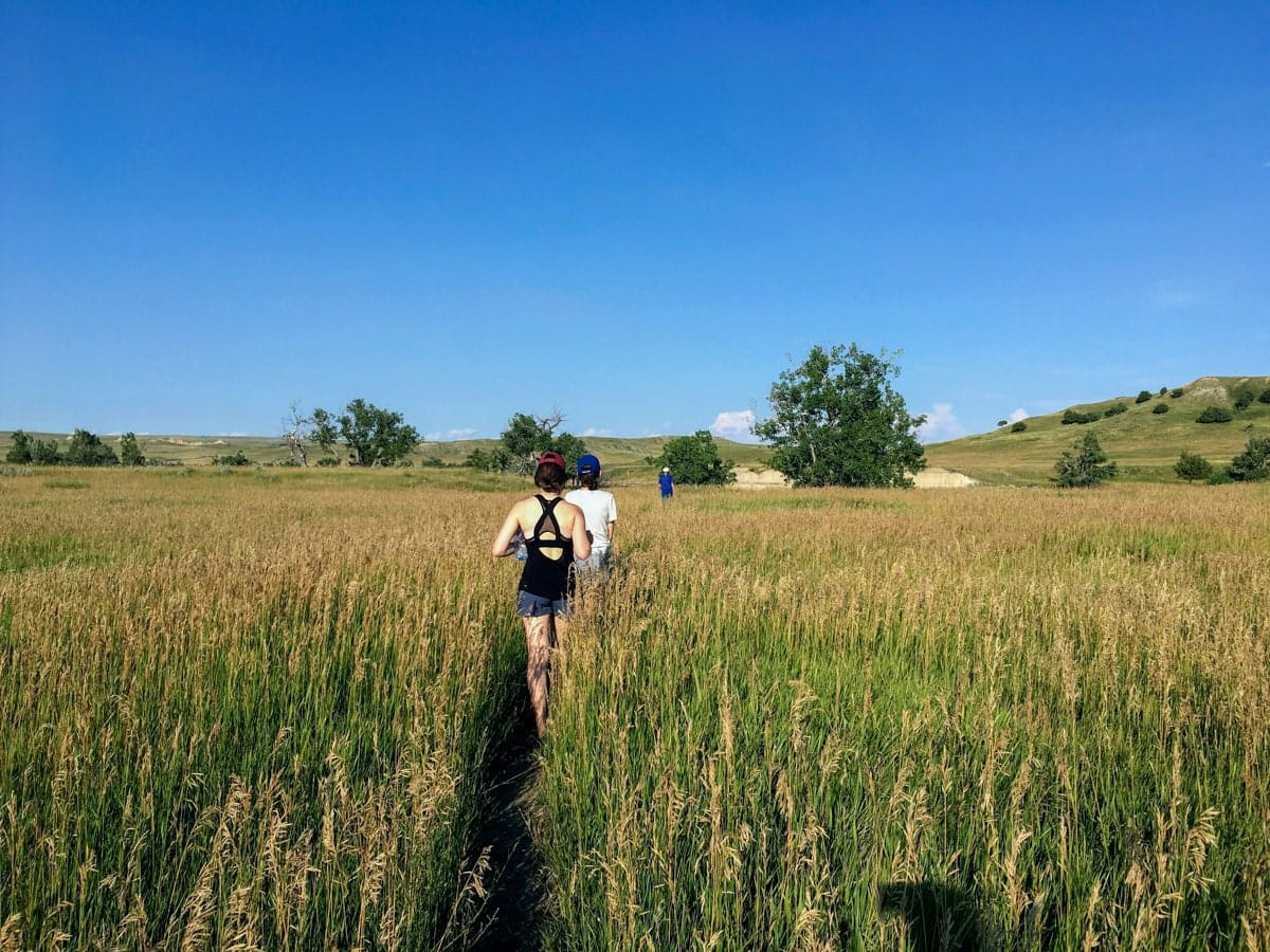 Hikers walking through tall prairie grass in the backcountry near Sage Creek Campground, surrounded by open plains and distant hills.