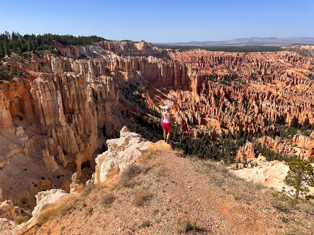 the author's wife standing on a ledge in front of a steep drop viewing the hoodoos in bryce canyon